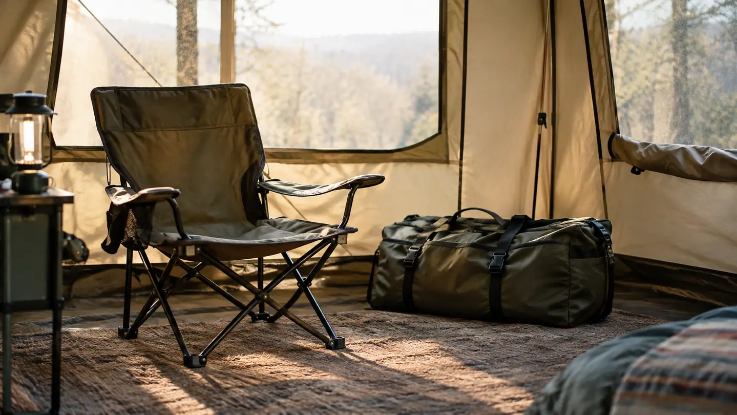 A camp chair and a gear bag inside a roomy cabin tent with straight walls, soft morning light through the tent walls