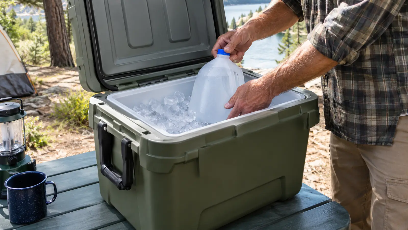 Hands lowering a gallon jug of water into an open chest cooler packed with ice at a campsite