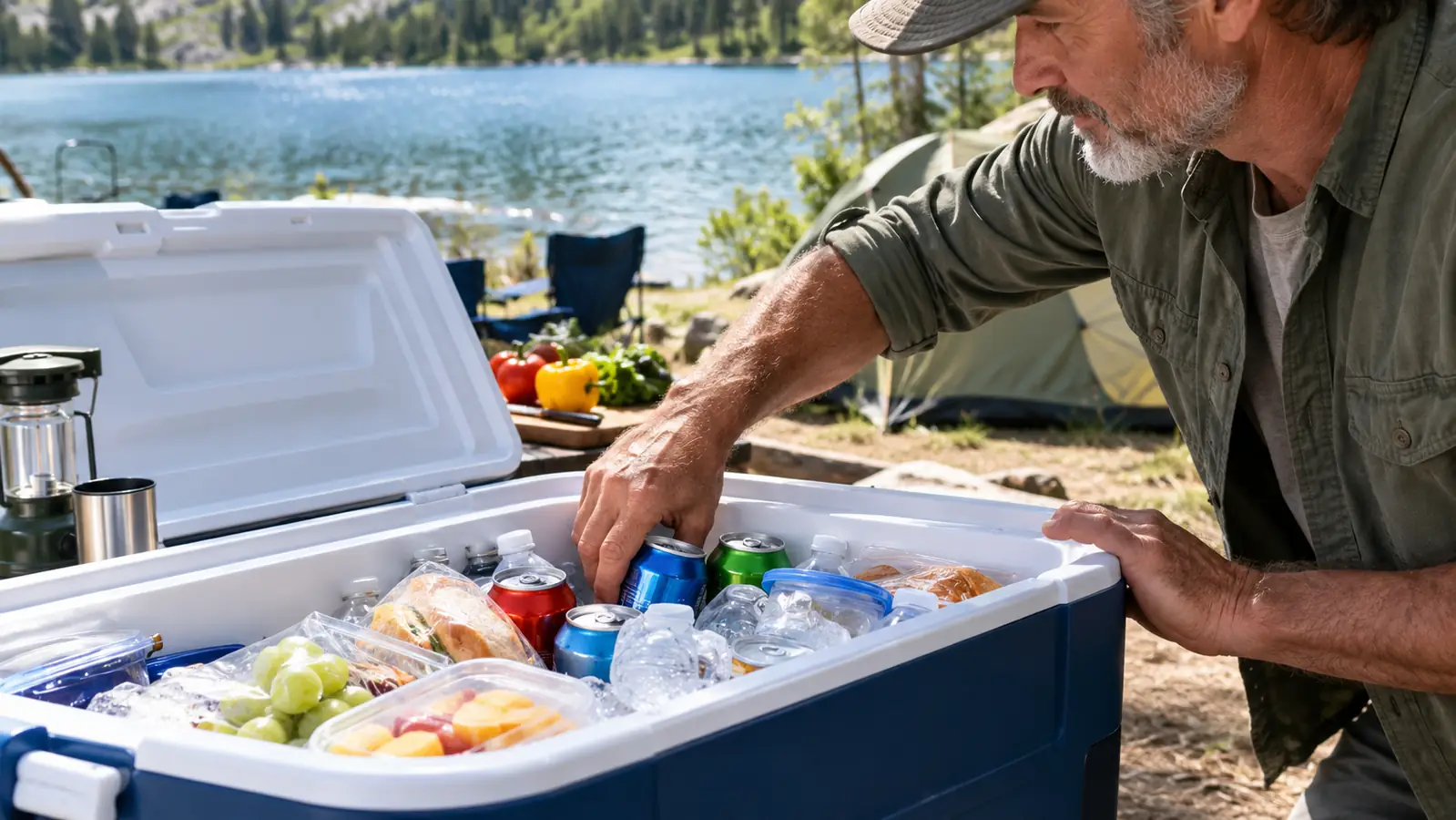A hand reaching into an open cooler packed with drinks and food at a campsite table