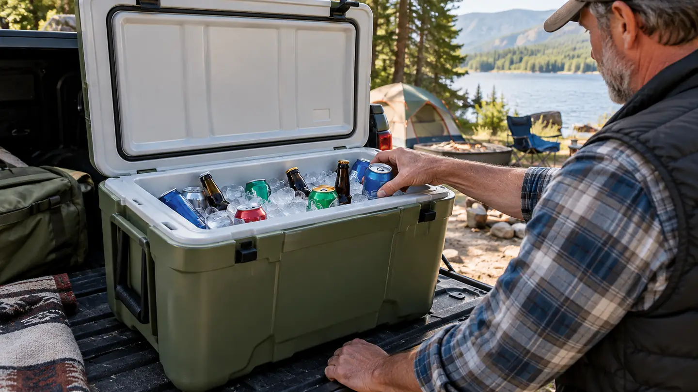 A large cooler open on a tailgate with drinks inside