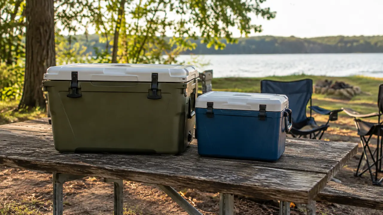 Two coolers side by side on a picnic table at a state park