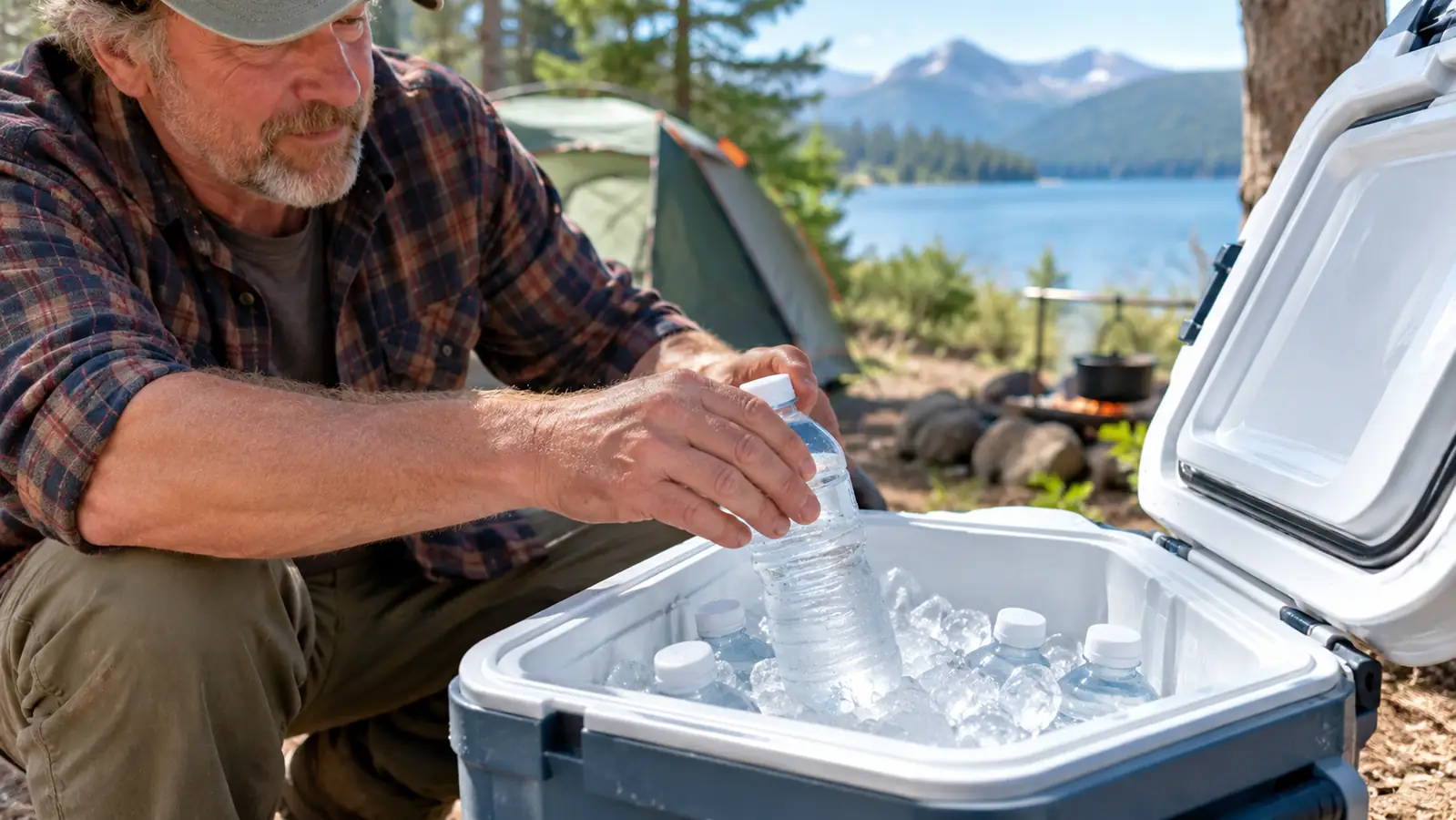 A hand reaching into a cooler to pull out a water bottle while the lid stays propped open